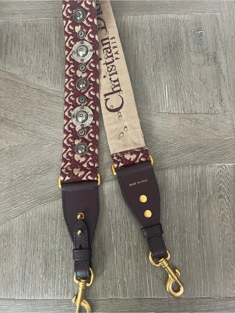 Dior Burgundy and Cream Decorative Logo Canvas Bag Strap with Gold Hardware
